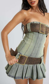 STRAPLESS BUCKLE DETAIL MINI DRESS IN BLUE styleofcb