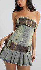 STRAPLESS BUCKLE DETAIL MINI DRESS IN BLUE styleofcb