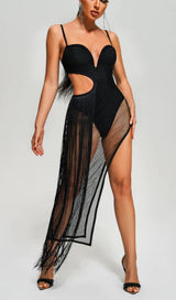 TASSEL MESH BODYSUIT MIDI DRESS IN BLACK DRESS STYLE OF CB