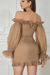TEXTURED RUCHED FRILL MINI DRESS IN BROWN styleofcb