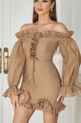 TEXTURED RUCHED FRILL MINI DRESS IN BROWN styleofcb