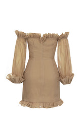 TEXTURED RUCHED FRILL MINI DRESS IN BROWN styleofcb