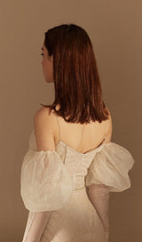 STRAPLESS BUBBLE SLEEVE DRESS IN BEIGE styleofcb