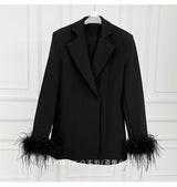 VELVET FEATHER-TRIM JACKET IN BLACK DRESS STYLE OF CB