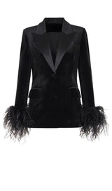 VELVET FEATHER-TRIM JACKET IN BLACK DRESS STYLE OF CB