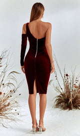 WINE RED ONE SHOULDER VELVET MIDI DRESS styleofcb