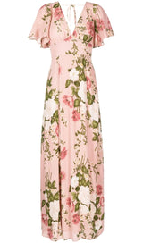 FLORAL-PRINT V NECK MAXI DRESS IN PINK DRESS STYLE OF CB