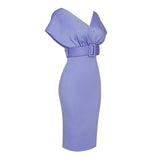 OFF SHOULDER V NECK BODYCON MIDI DRESS IN PURPLE Dresses styleofcb