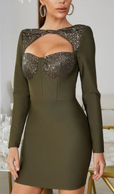 SEQUIN BODICE HIP WRAP DRESS IN OLIVE GREEN styleofcb