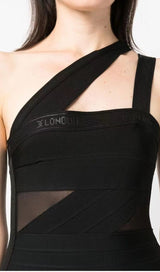 BANDAGE MESH PATCHWORK MINI WRAP DRESS IN BLACK styleofcb