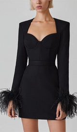 STRETCH LONG SLEEVES FEATHER MINI DRESS IN BLACK Dresses styleofcb