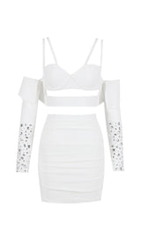 BANDAGE BRIGHT DIAMOND HOLLOW TWO PIECE HALTER WRAP DRESS IN WHITE styleofcb