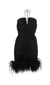 SEXY STRETCH OFF-SHOULDER FEATHER MINI DRESS IN BLACK styleofcb