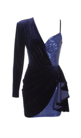 VELVET PLEATED SEQUINED MINI DRESS IN NAVY BLUE Dresses styleofcb