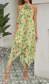 FLORAL PRINT HEM HALTER DRESS IN GREEN DRESS STYLE OF CB