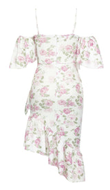 FLORAL-PRINT RUFFLE BANDEAU MIDI DRESS IN WHITE DRESS STYLE OF CB