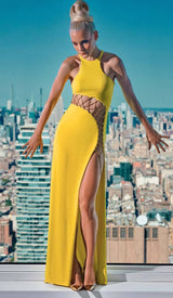 HOLLOW HIGH SPLIT MAXI DRESS IN YELLOW DRESS STYLE OF CB