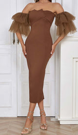 OFF-SHOULDER RUFFLED MIDI DRESS IN BROWN DRESS STYLE OF CB