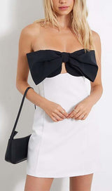 OFF-THE-SHOULDER BOW MINI DRESS IN WHITE DRESS STYLE OF CB