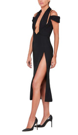 OFF THE SHOULDER HALTER MIDI DRESS IN BLACK DRESS STYLE OF CB