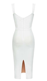 RUCHED BUSTIER MESH MIDI DRESS IN WHITE DRESS STYLE OF CB