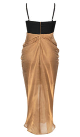 RUCHED STRAPPY MIDI DRESS IN BROWN DRESS STYLE OF CB