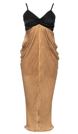 RUCHED STRAPPY MIDI DRESS IN BROWN DRESS STYLE OF CB