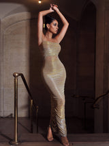 The Glint Gold Ruched Chiffon Long Maxi Dress Dresses Oh CiCi