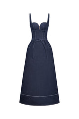 A-line Sleeveless Denim Midi Dress in blue