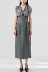 Mesh stitching sleeveless midi dress in grey