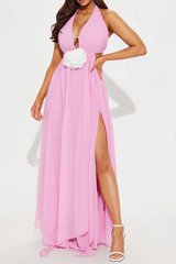 v-neck cutout halter Chiffon Maxi Dress in Pink