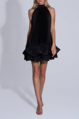 tina Double-layer ruffled halter neck mini dress in black