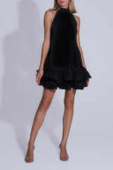 tina Double-layer ruffled halter neck mini dress in black