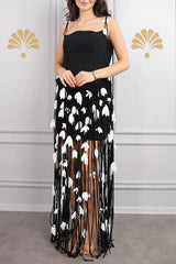 hilary black flower tassel strapless mini dress