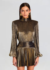 nancy High-necked lantern sleeve pleated mini dress in gold