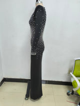 pearl embellished v-neck maxi dress in black