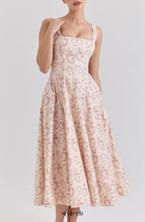 gemma Floral Cream Lace-Up Stretch Cotton Midi Dress