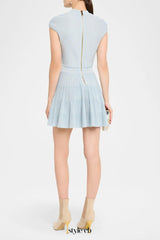 Short-Sleeve Flechage Knit Flare Mini Dress in blue