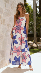 penelope Botanic Blue-Pink Print Eyelet Maxi Dress