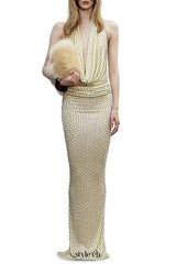 stephanie beading embellished halter backless maxi dress in Butter