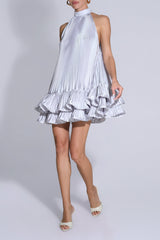tina Double-layer ruffled halter neck mini dress in white