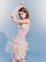 Irregular Petal Lace Bodycon Mini Skirt Set In Beige