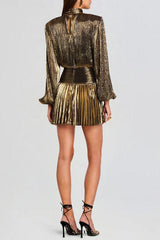 nancy High-necked lantern sleeve pleated mini dress in gold