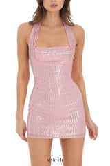 virginia Sequin Halter backless mini Dress in Pink