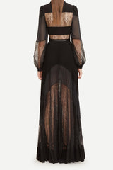simona lace splice Pleated maxi Dress in black