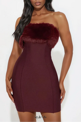 irene Fur Trim Bandage Mini Dress in Burgundy
