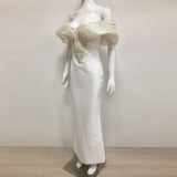 Off-Shoulder pearl embellished bodycon maxi dress in white