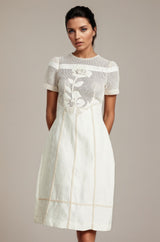 hermosa 3d floral embroidered hollow midi dress in apricot