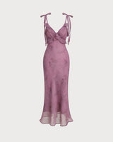 Purple Floral Ruffle Tie Strap Midi Dress
