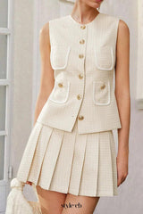 celeste Tweed Button-Front Vest Pleated Skirt Set in apricot